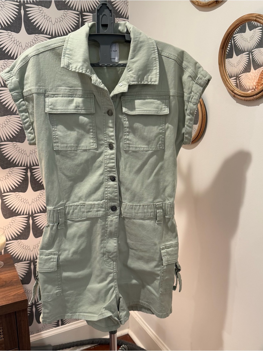 Celebrity Pink Sage Utility Romper with Button-Front